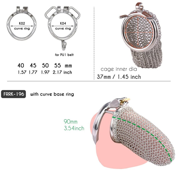 90 mm Chain mail chastity device with 40mm 45mm 50mm 55mm Penis Rings - Stainless Steel