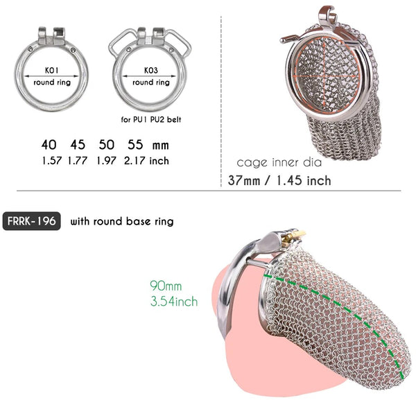 90 mm Chain mail chastity device with 40mm 45mm 50mm 55mm Penis Rings - Stainless Steel